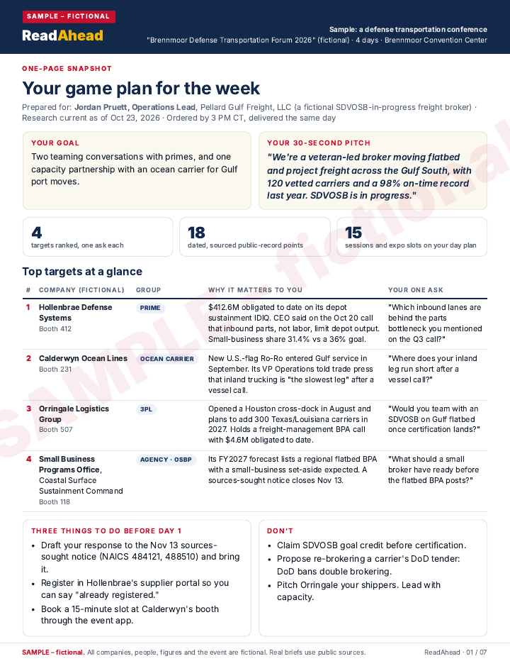 Sample brief page 1, fictional companies and people