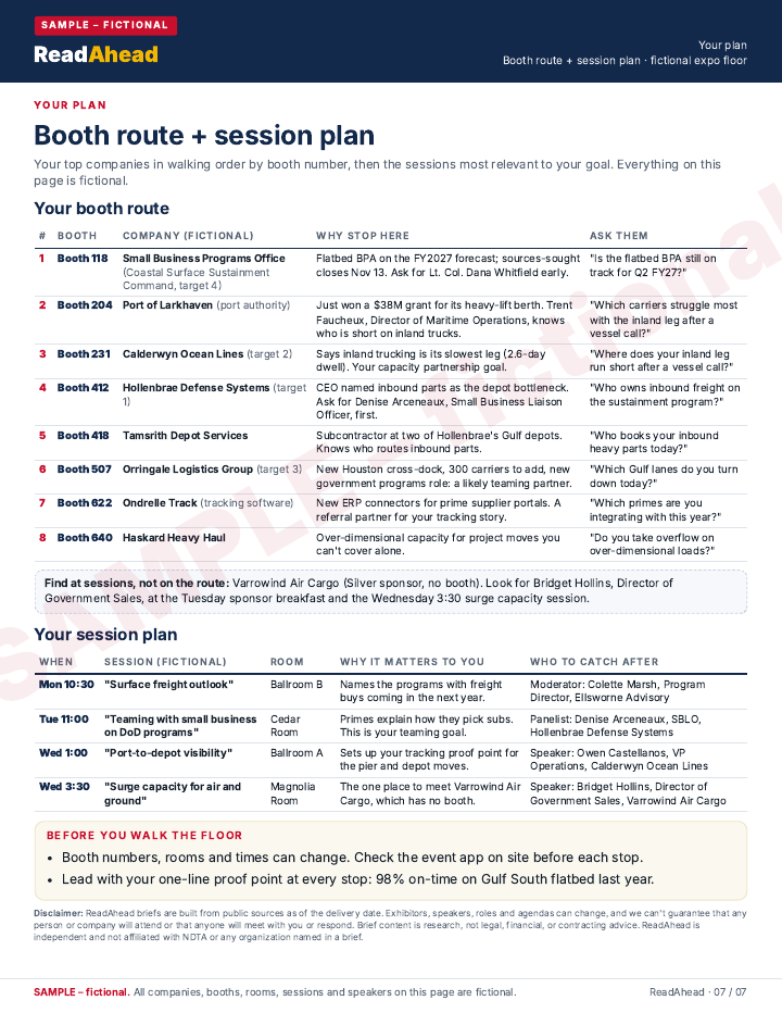 Sample brief page 7, booth route and session plan, fictional companies, booths and sessions